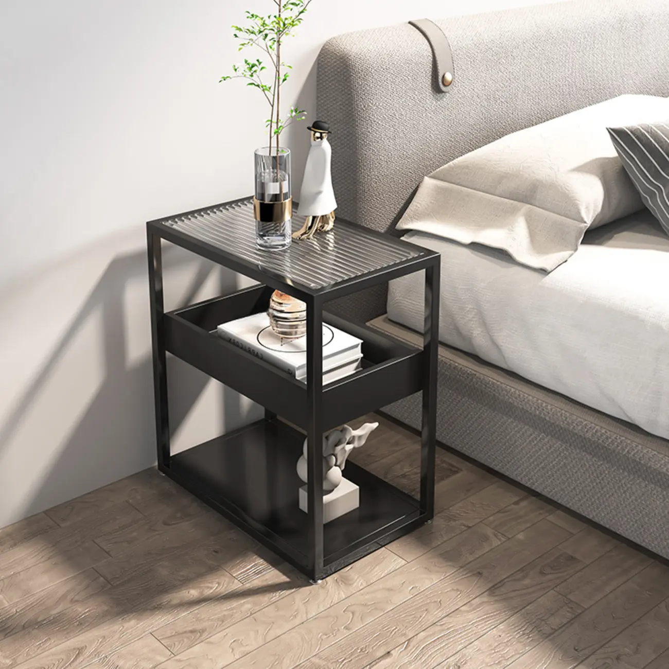 3-Tier Black Metal Frame Glass Top Side Table with Storage Image - 1 | homeyfad