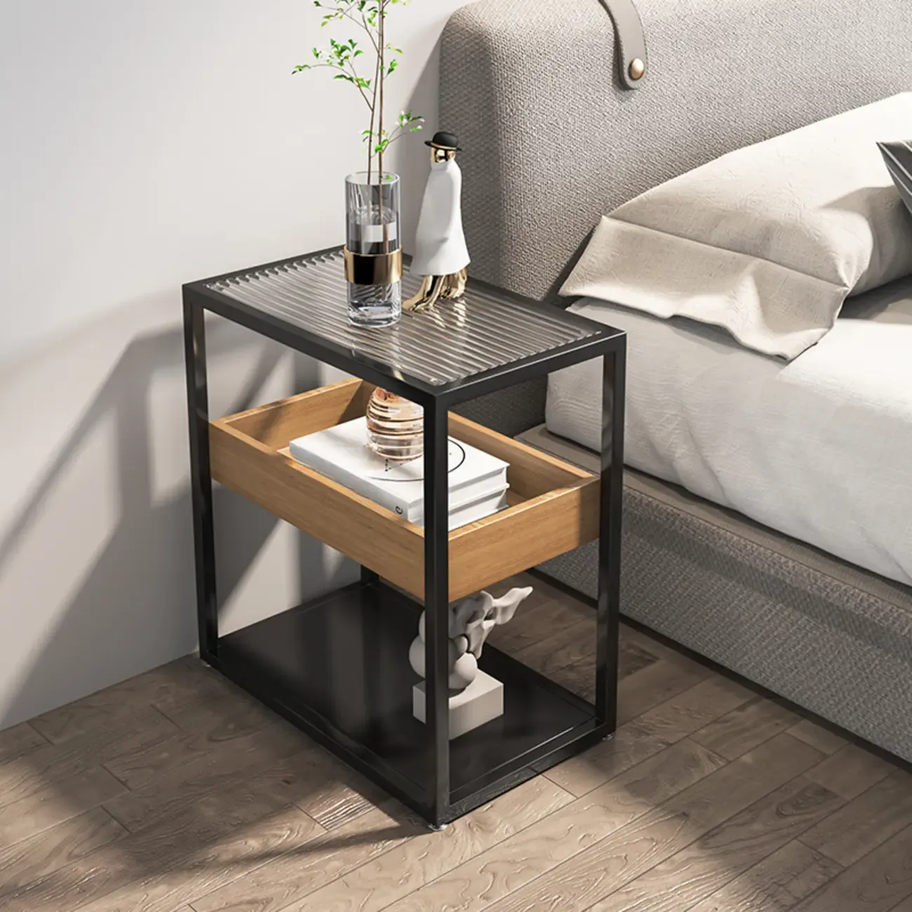 3-Tier Black Metal Frame Glass Top Side Table with Storage Image - 2