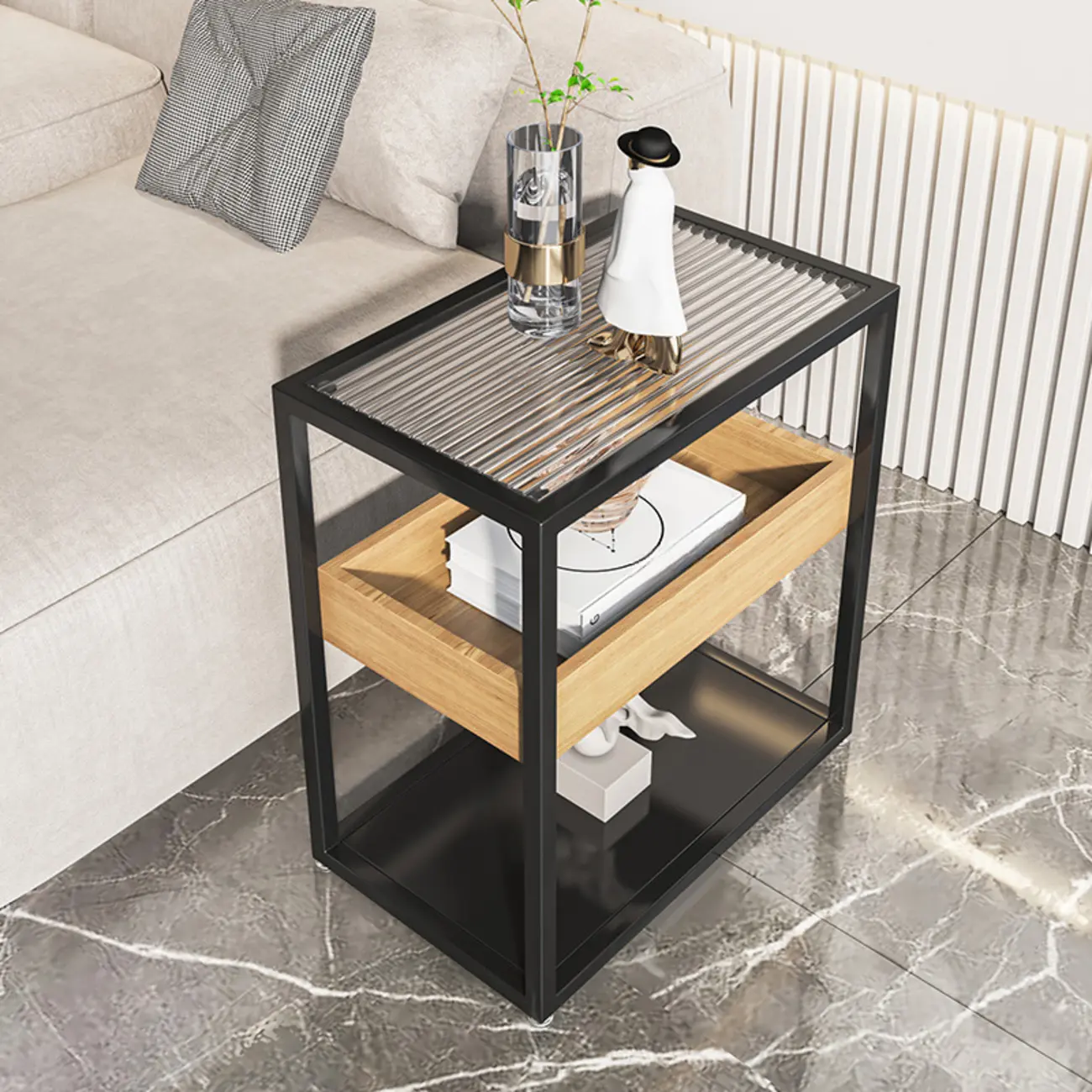 3-Tier Black Metal Frame Glass Top Side Table with Storage Image - 3 | homeyfad