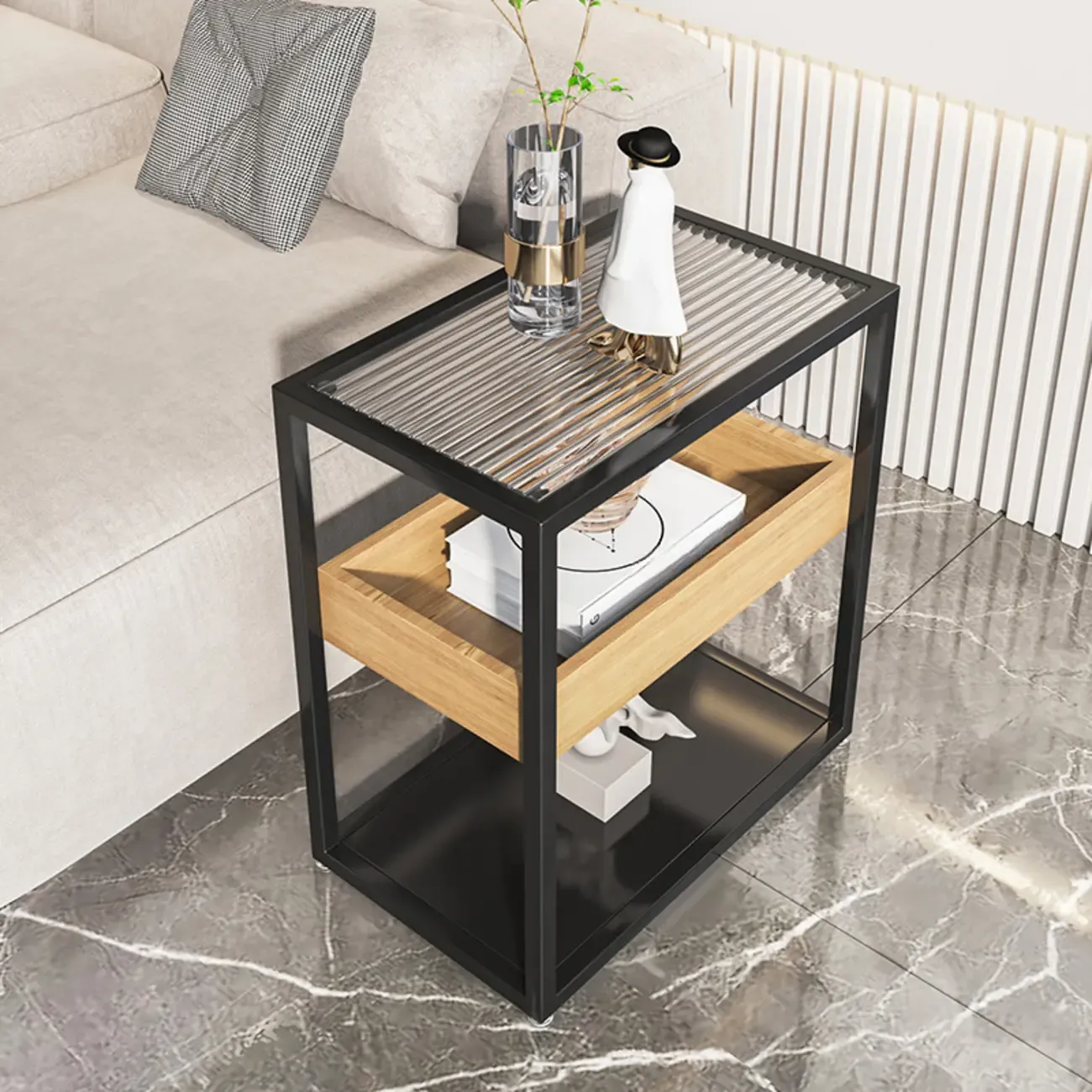 3-Tier Black Metal Frame Glass Top Side Table with Storage Image - 3