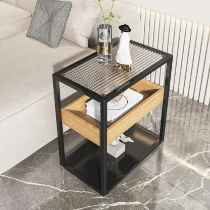 3-Tier Black Metal Frame Glass Top Side Table with Storage Image - 3