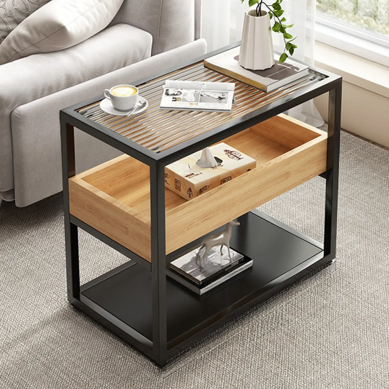 3-Tier Black Metal Frame Glass Top Side Table with Storage Image - 4 | homeyfad