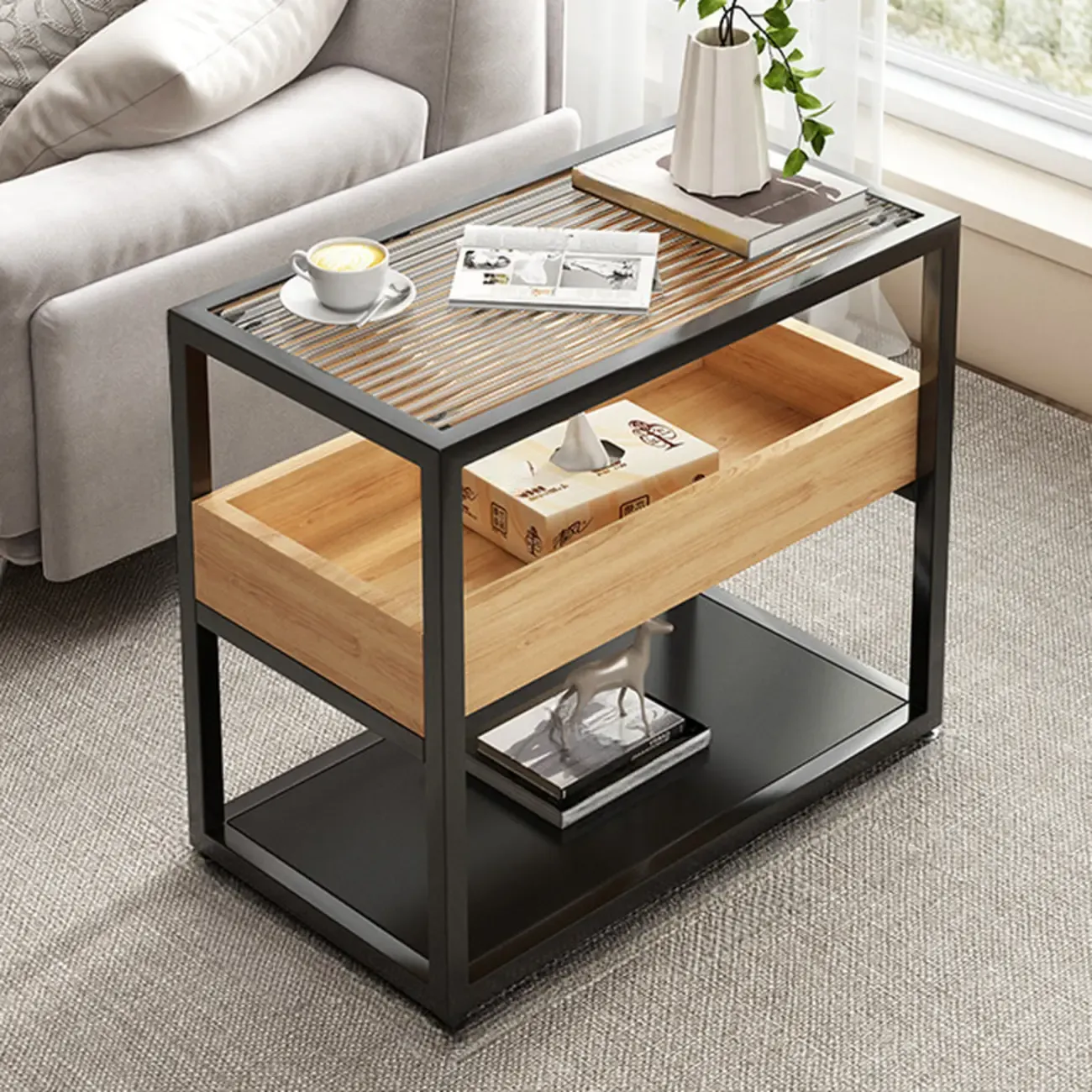 3-Tier Black Metal Frame Glass Top Side Table with Storage Image - 4