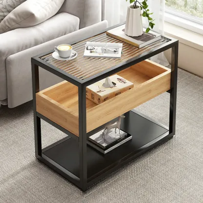 3-Tier Black Metal Frame Glass Top Side Table with Storage Image - 4