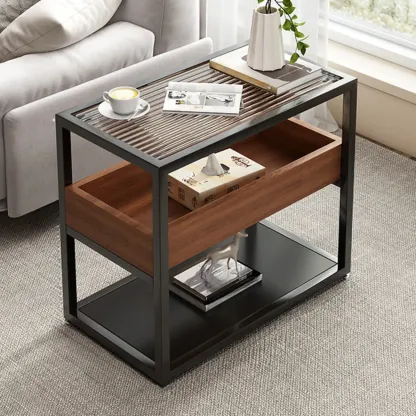 3-Tier Black Metal Frame Glass Top Side Table with Storage Image - 9