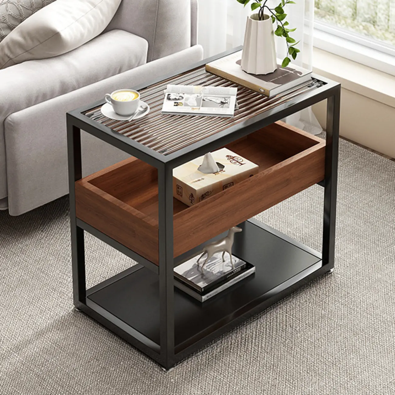 3-Tier Black Metal Frame Glass Top Side Table with Storage Image - 10 | homeyfad
