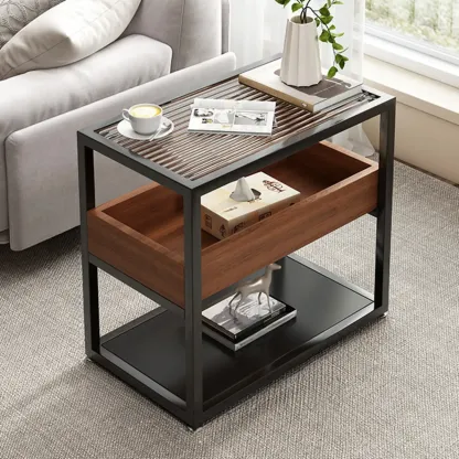 3-Tier Black Metal Frame Glass Top Side Table with Storage Image - 10