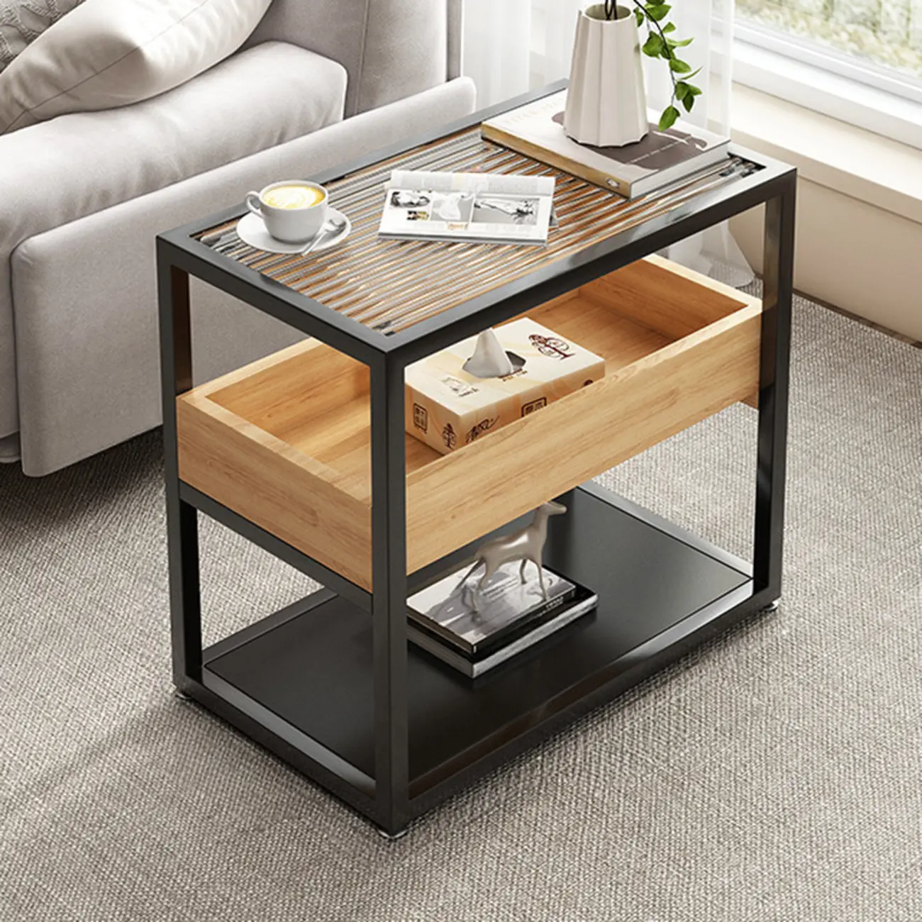 3-Tier Black Metal Frame Glass Top Side Table with Storage Image - 11 | homeyfad