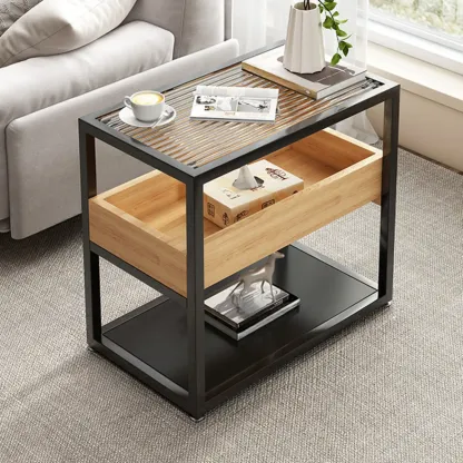 3-Tier Black Metal Frame Glass Top Side Table with Storage Image - 11