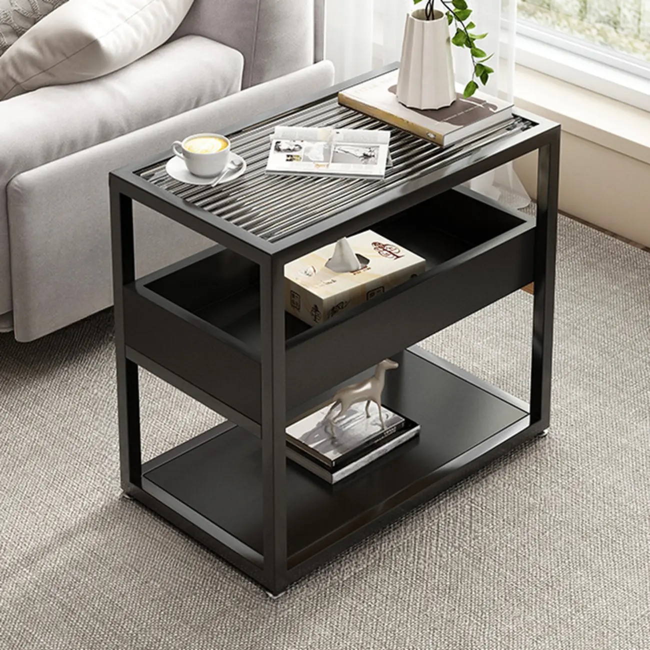 3-Tier Black Metal Frame Glass Top Side Table with Storage Image - 12 | homeyfad