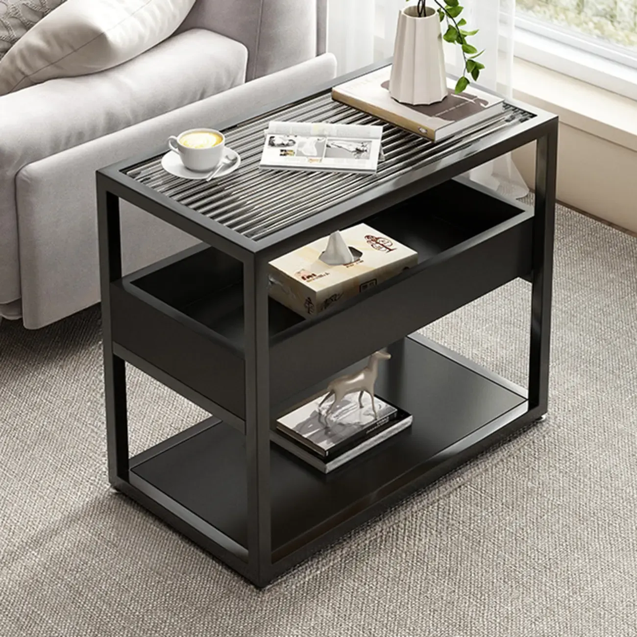 3-Tier Black Metal Frame Glass Top Side Table with Storage Image - 13