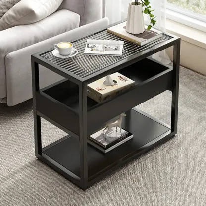 3-Tier Black Metal Frame Glass Top Side Table with Storage Image - 13
