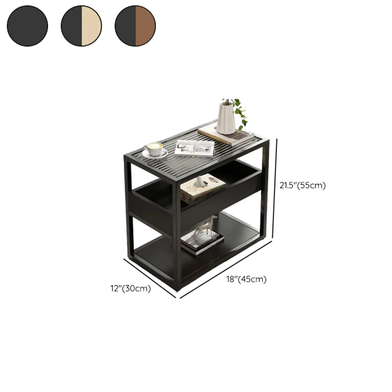 3-Tier Black Metal Frame Glass Top Side Table with Storage Image - 15 | homeyfad