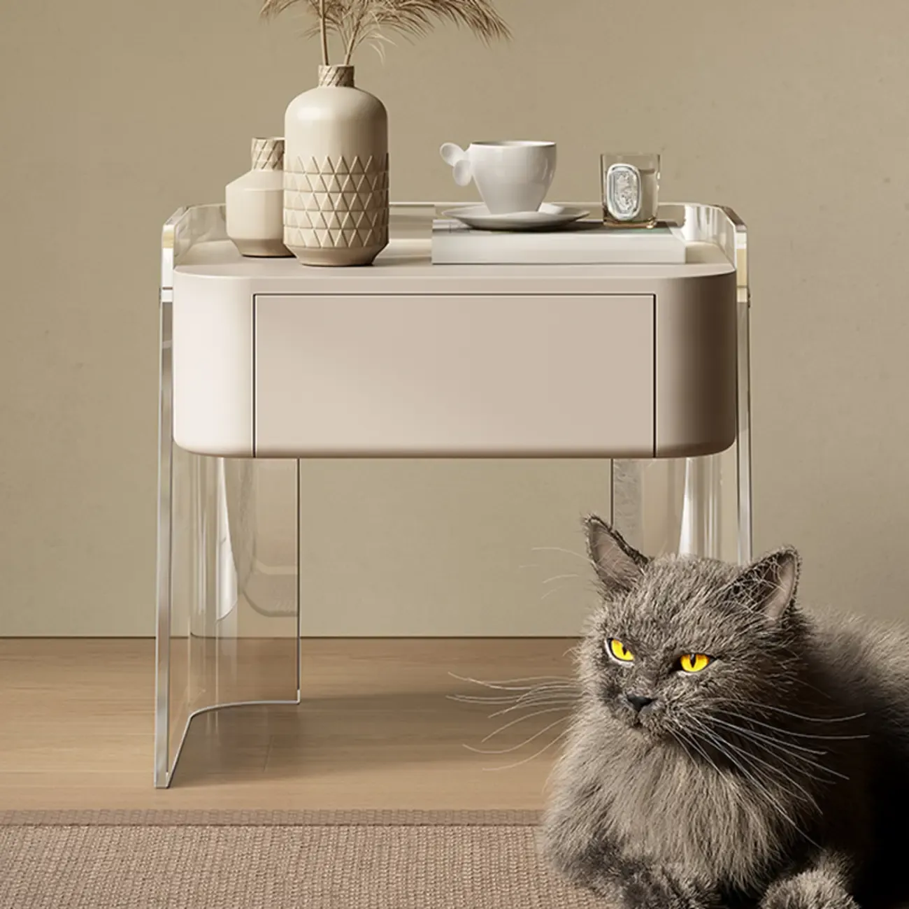 Modern Design White Plastic Bedside Table with Storage Drawer Image - 3