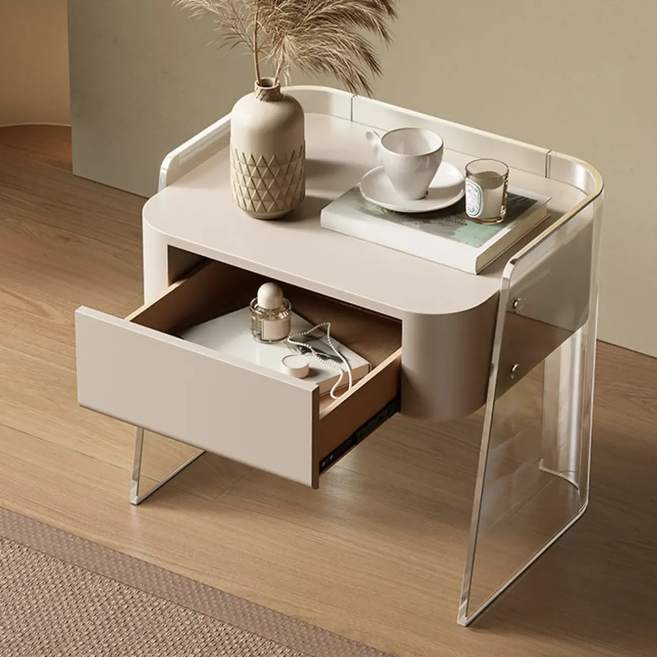 Modern Design White Plastic Bedside Table with Storage Drawer Image - 9
