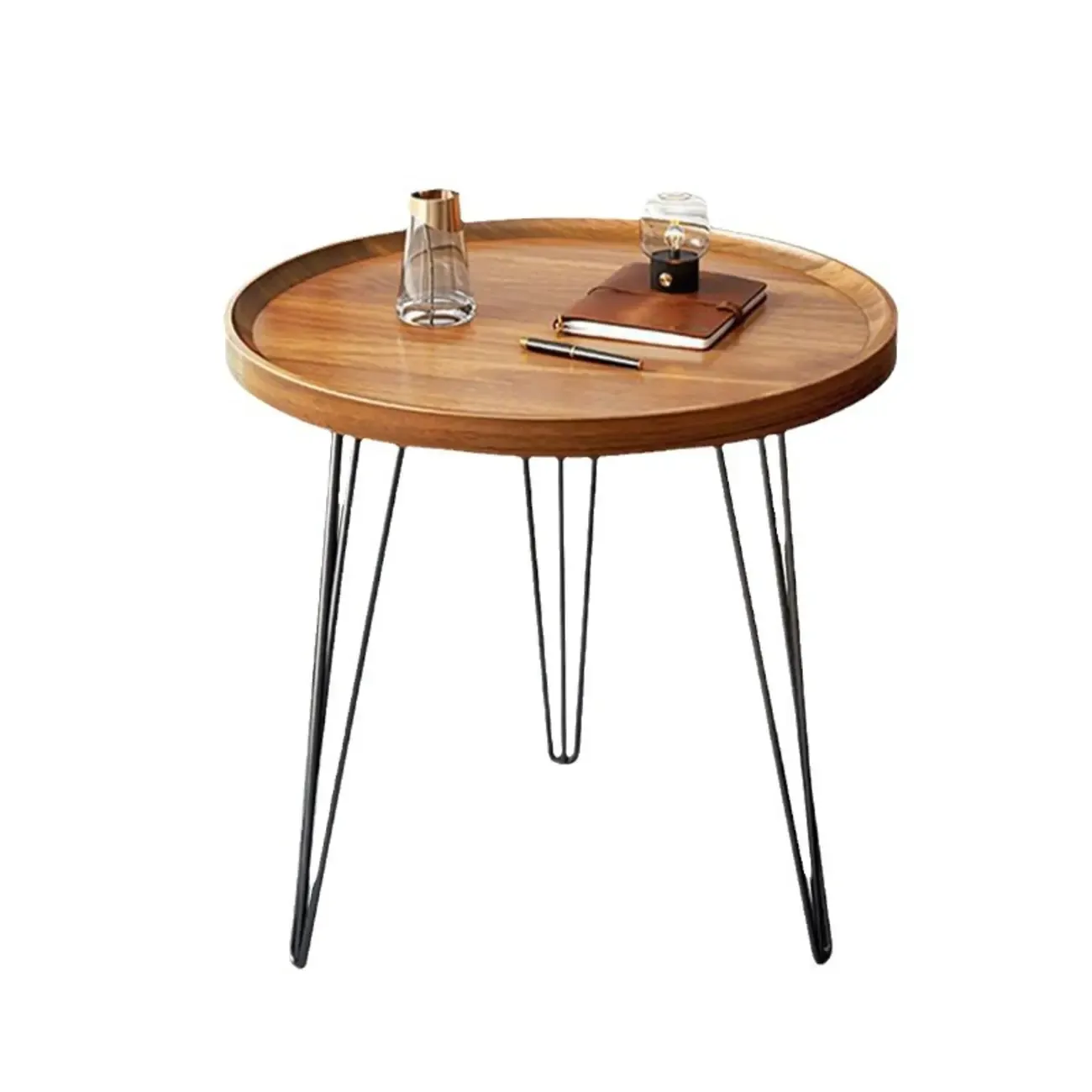 Solid Round Wood Side Table with Tray Top for Sofa Image - 2