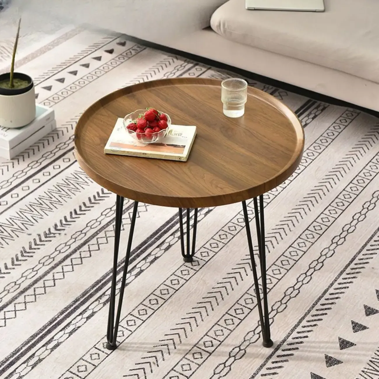 Solid Round Wood Side Table with Tray Top for Sofa Image - 3