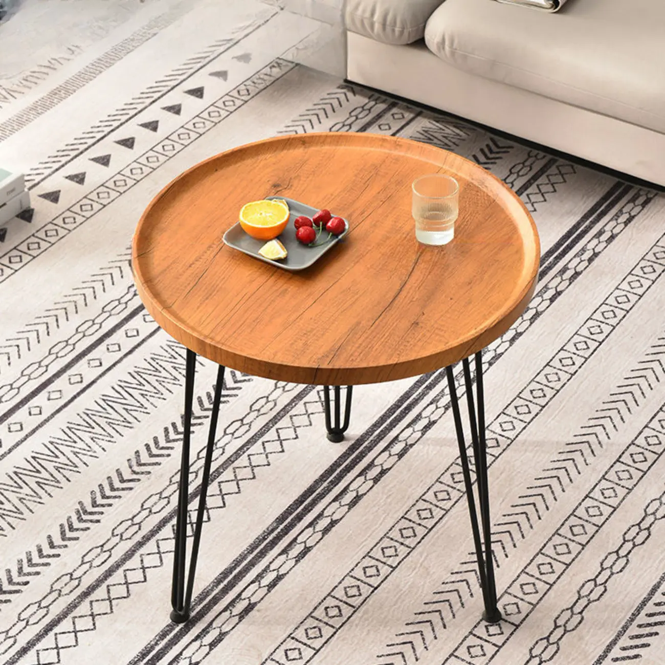 Solid Round Wood Side Table with Tray Top for Sofa Image - 4 | homeyfad