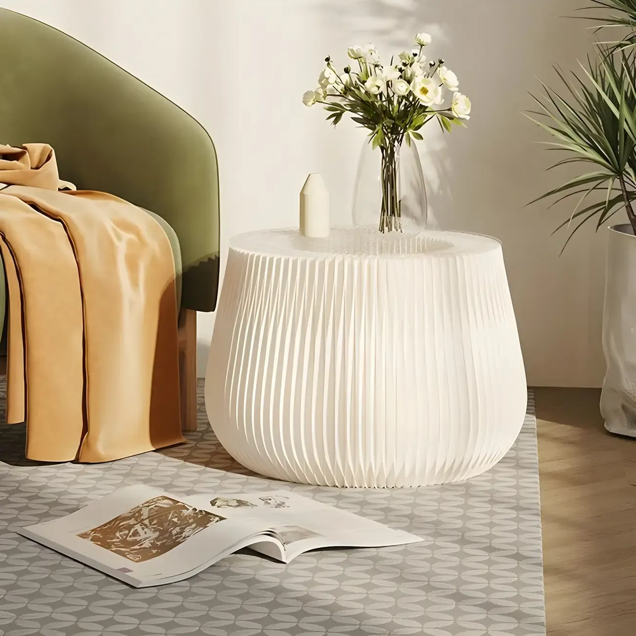 Foldable Round Accent White Drum End Table with Storage Image - 1