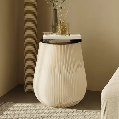 Foldable Round Accent White Drum End Table with Storage Image - 4