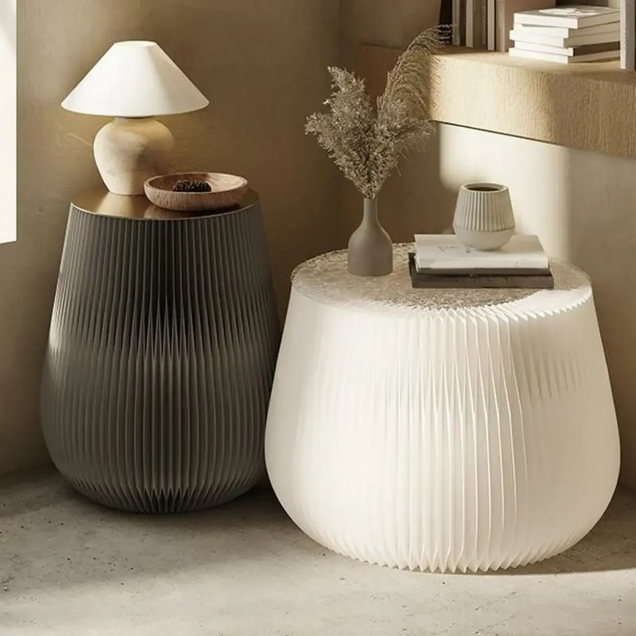 Foldable Round Accent White Drum End Table with Storage Image - 6