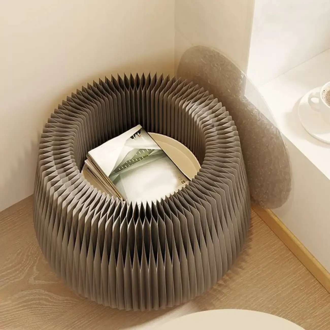 Foldable Round Accent White Drum End Table with Storage Image - 8