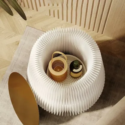 Foldable Round Accent White Drum End Table with Storage Image - 10