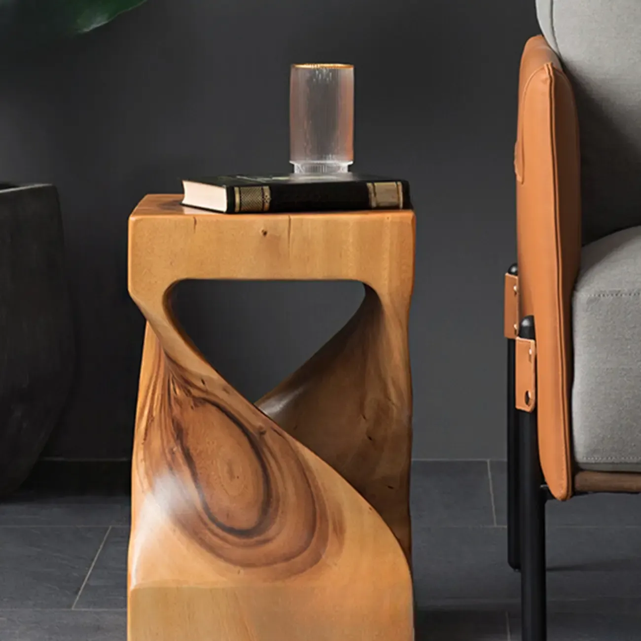 Sculpted Square Brown Solid Wood End Table for Small Space Image - 1