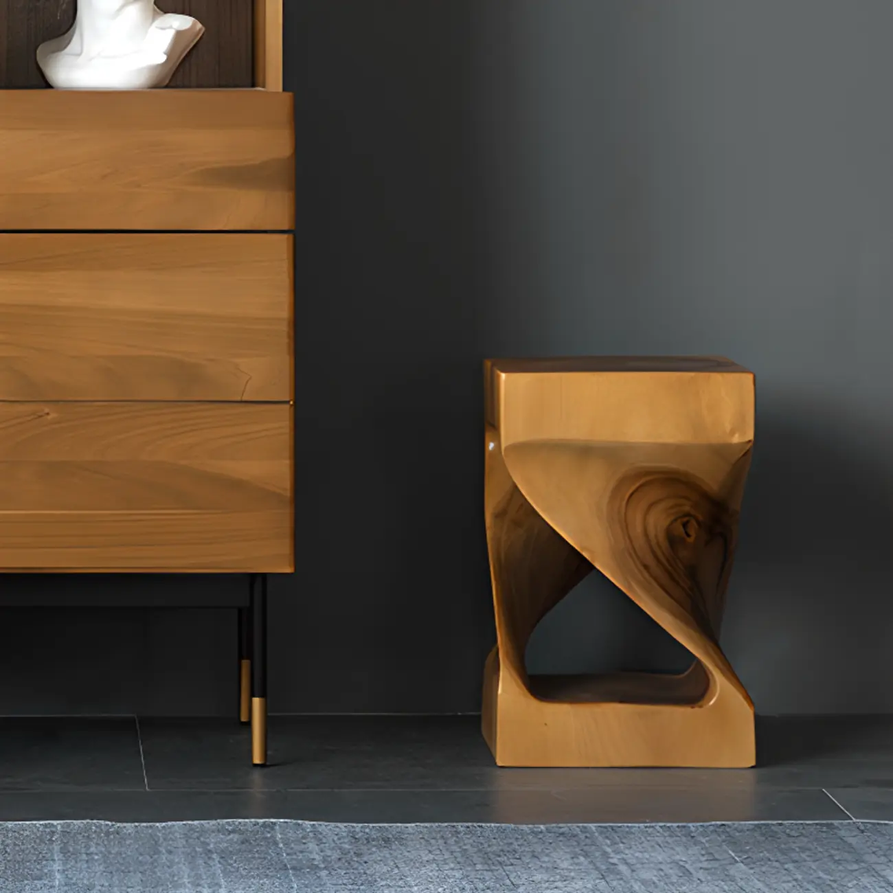 Sculpted Square Brown Solid Wood End Table for Small Space Image - 4 | homeyfad