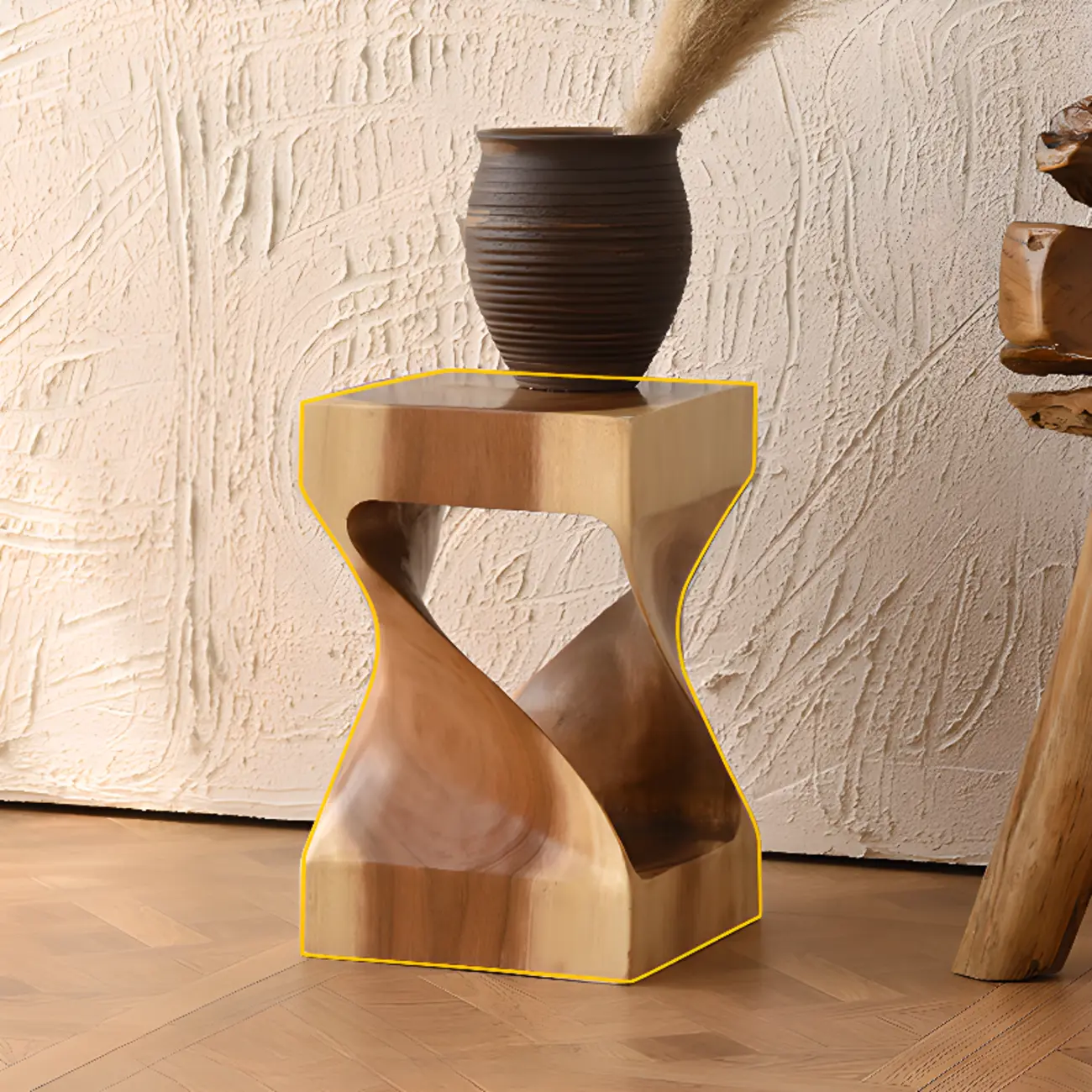 Sculpted Square Brown Solid Wood End Table for Small Space Image - 5 | homeyfad