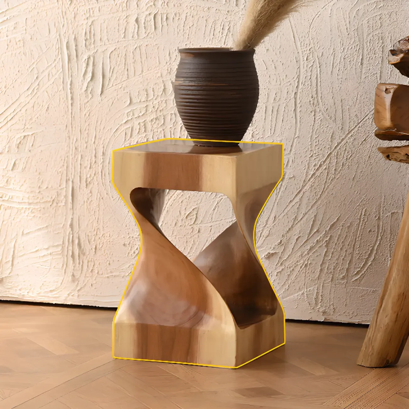 Sculpted Square Brown Solid Wood End Table for Small Space Image - 5