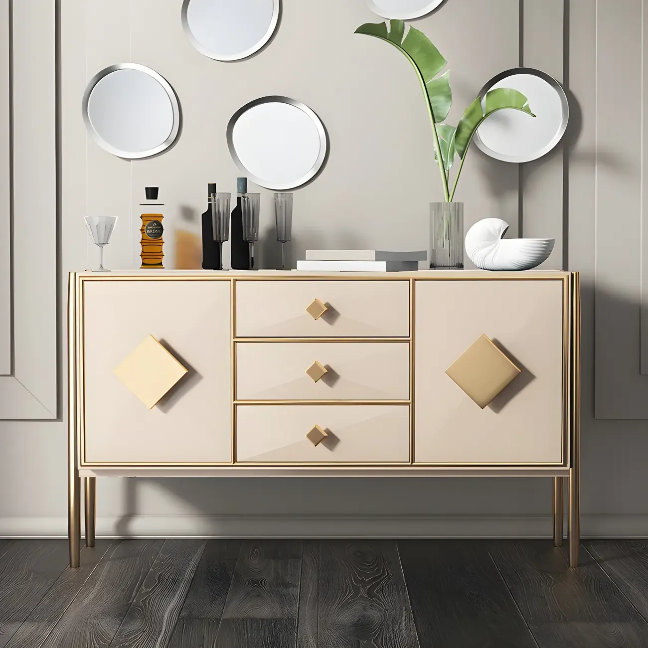 Luxury Wooden Sideboard with 3 Drawers & 2 Cabinets Image - 1