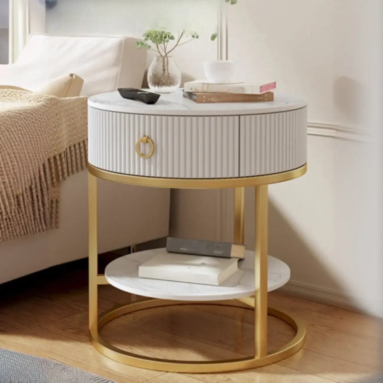 White Round Marble End Table with Storage for Living Room Image - 1