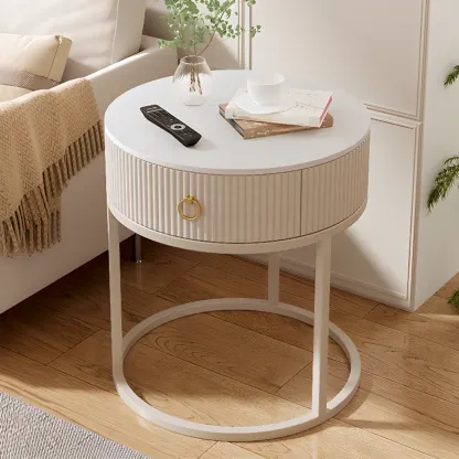 White Round Marble End Table with Storage for Living Room Image - 2