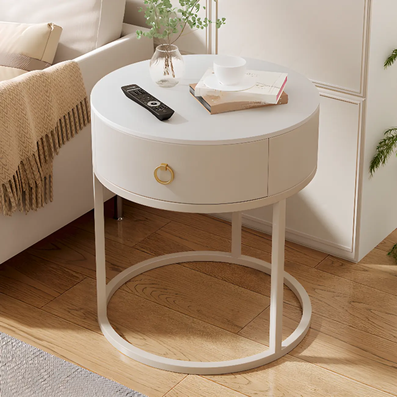 White Round Marble End Table with Storage for Living Room Image - 3 | homeyfad