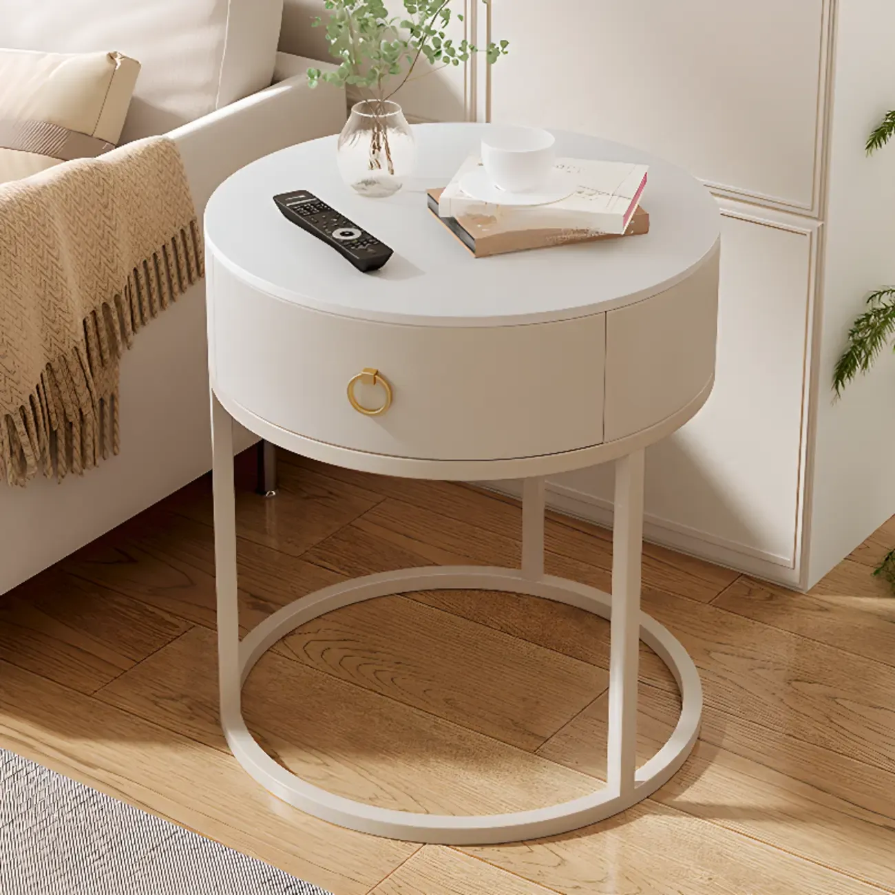 White Round Marble End Table with Storage for Living Room Image - 3