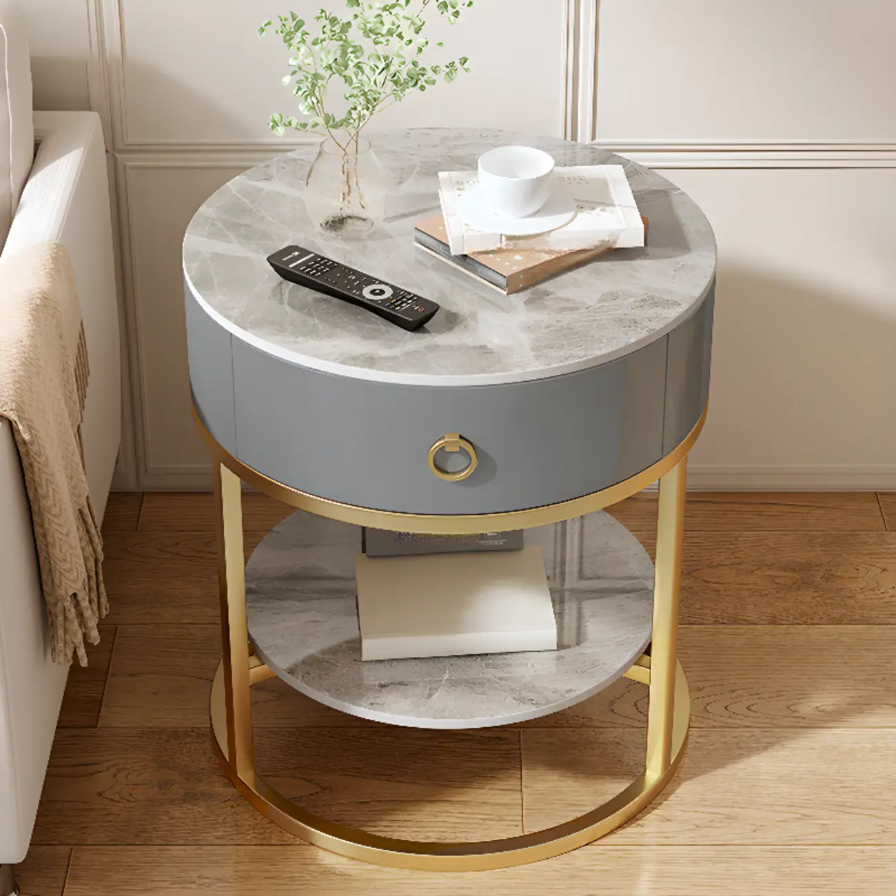 White Round Marble End Table with Storage for Living Room Image - 4 | homeyfad