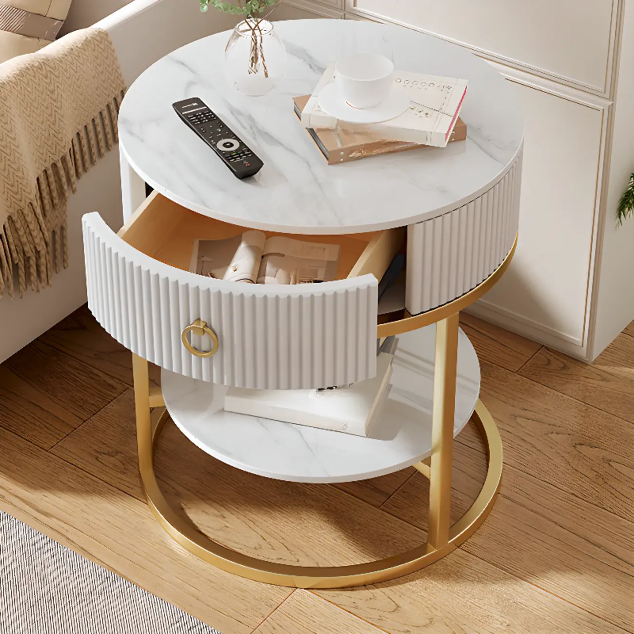 White Round Marble End Table with Storage for Living Room Image - 5 | homeyfad