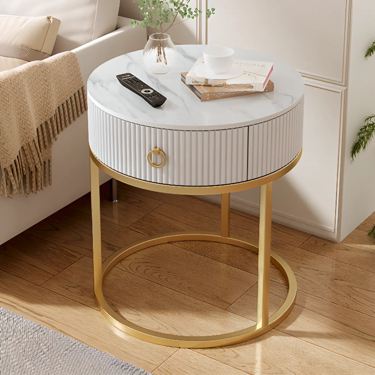 White Round Marble End Table with Storage for Living Room Image - 6 | homeyfad