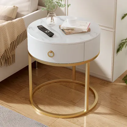 White Round Marble End Table with Storage for Living Room Image - 7