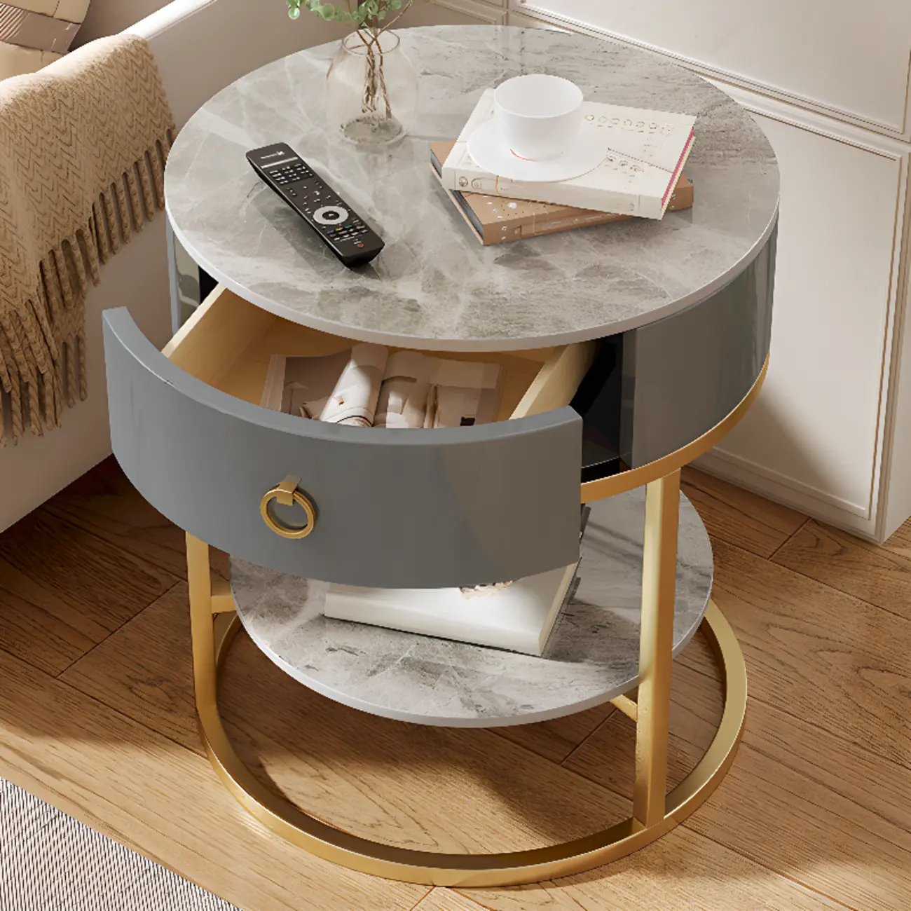 White Round Marble End Table with Storage for Living Room Image - 8 | homeyfad