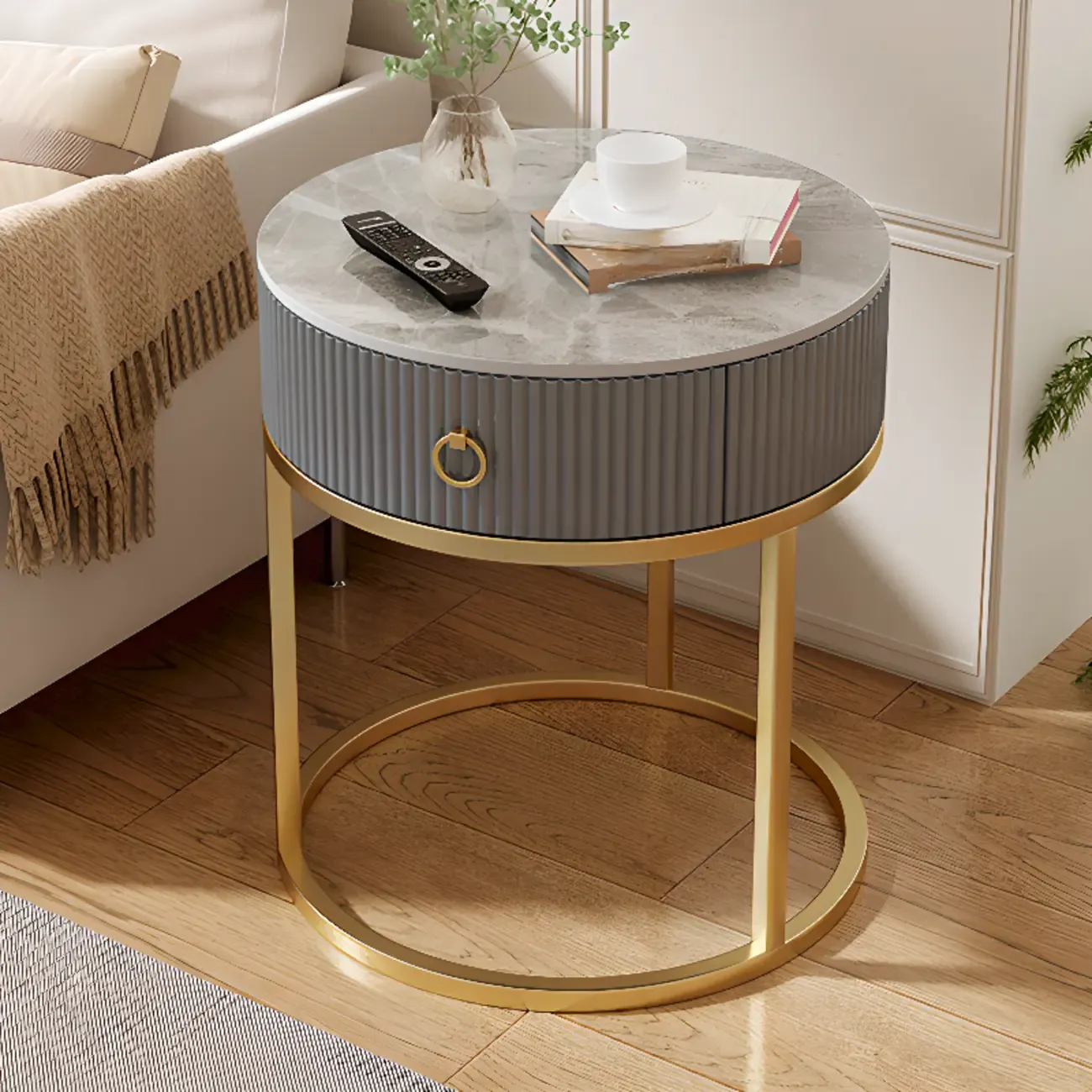 White Round Marble End Table with Storage for Living Room Image - 9