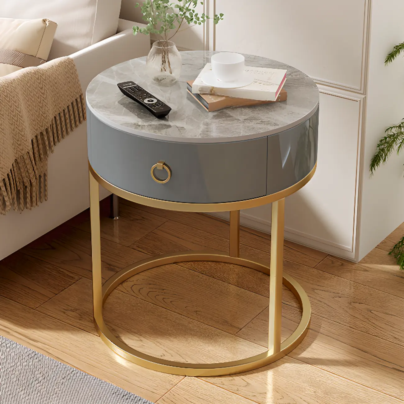 White Round Marble End Table with Storage for Living Room Image - 11 | homeyfad