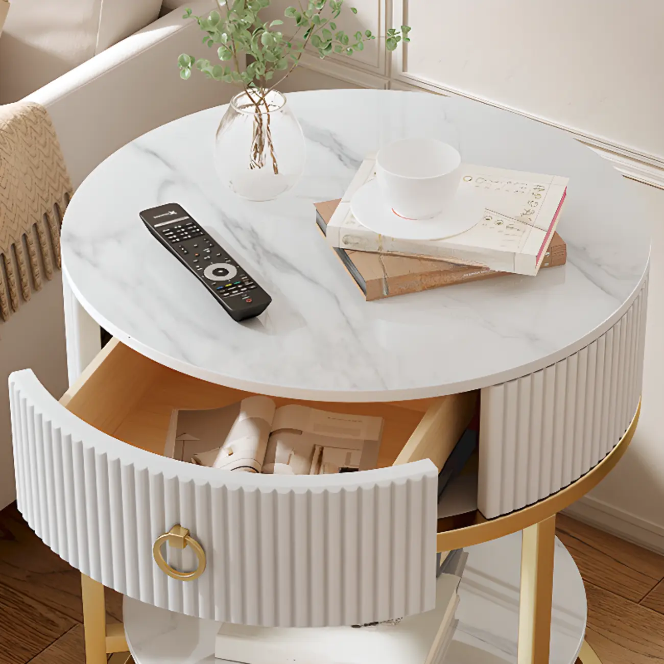 White Round Marble End Table with Storage for Living Room Image - 12 | homeyfad