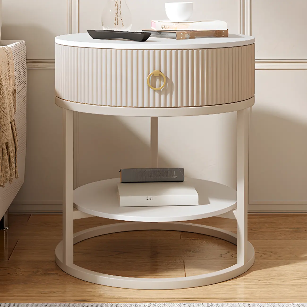 White Round Marble End Table with Storage for Living Room Image - 13 | homeyfad