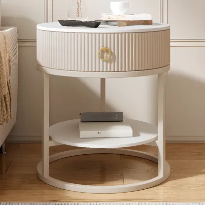 White Round Marble End Table with Storage for Living Room Image - 13