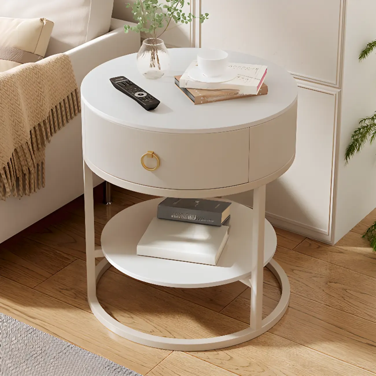 White Round Marble End Table with Storage for Living Room Image - 16