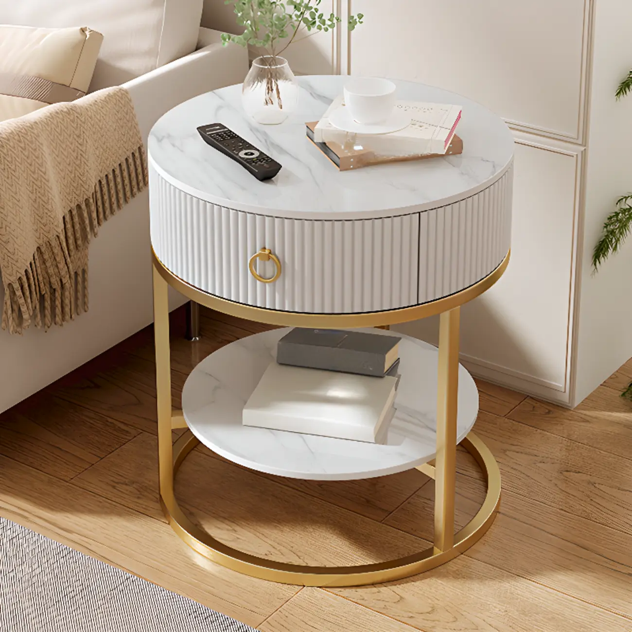 White Round Marble End Table with Storage for Living Room Image - 17 | homeyfad