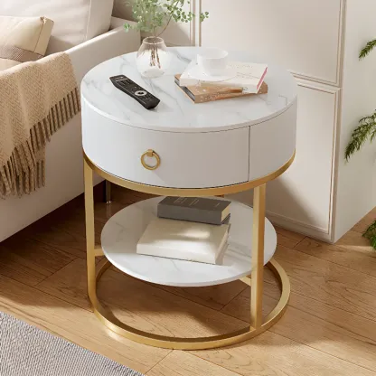 White Round Marble End Table with Storage for Living Room Image - 18