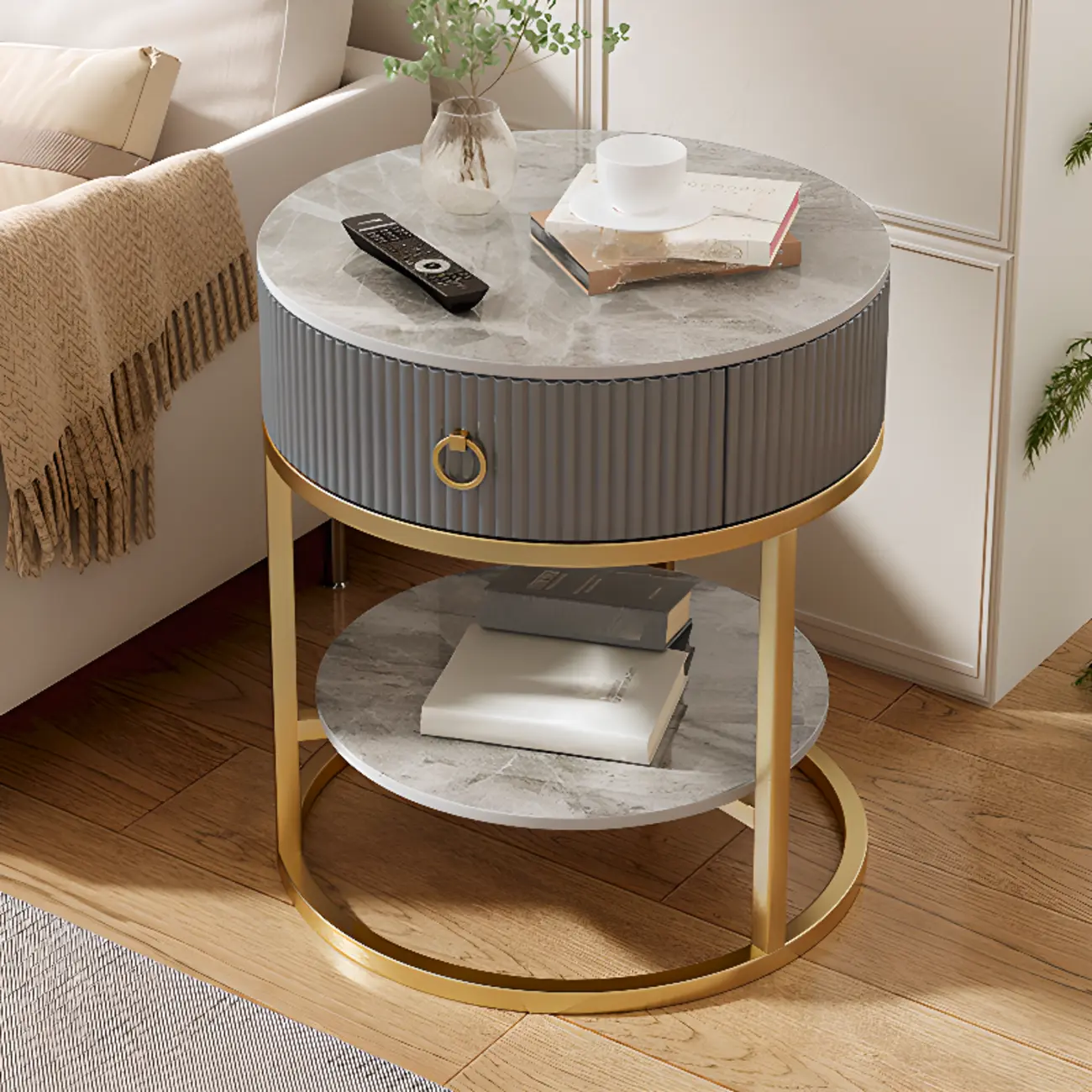 White Round Marble End Table with Storage for Living Room Image - 19 | homeyfad